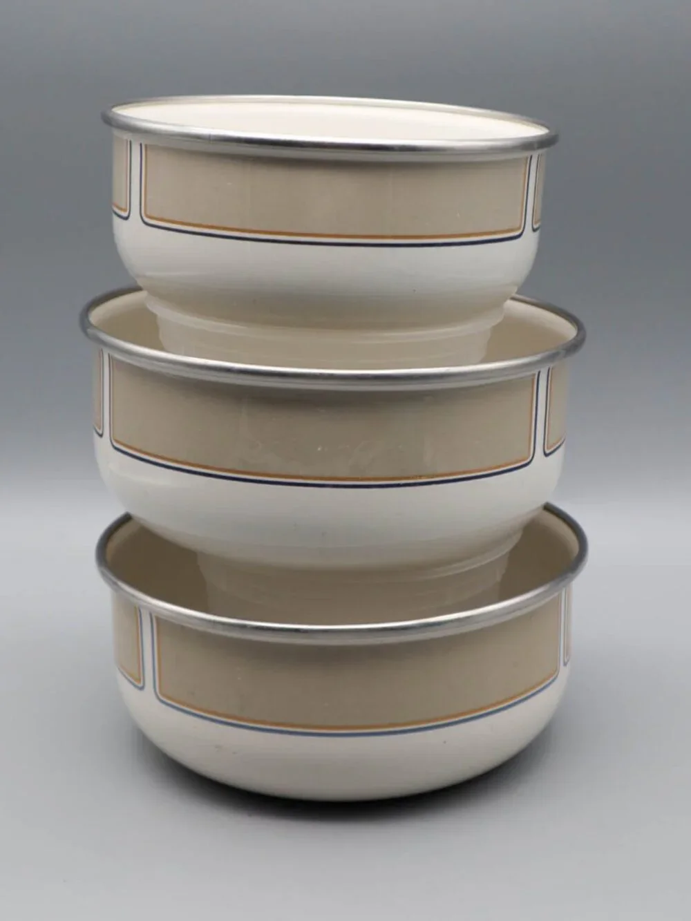 3 Vintage Kobe Kitchen Enamelware Bowls Mod Geometric Design Art Deco MCM
